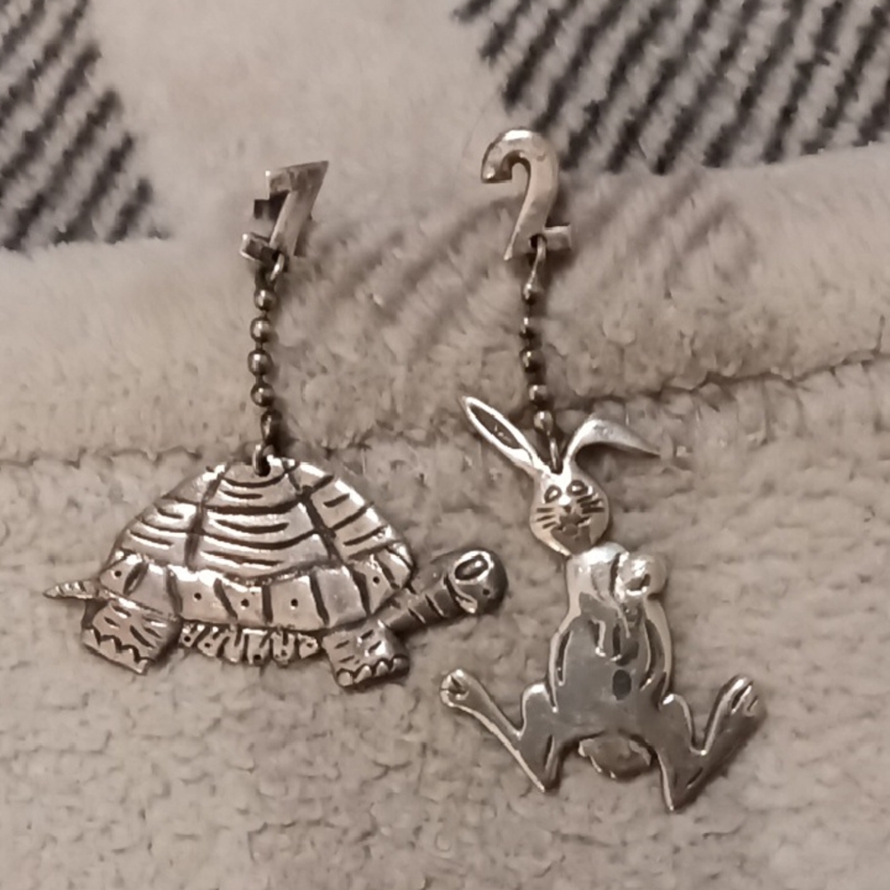 Tortoise And The Hare Sterling Silver Earrings. Vintage Unique Items !